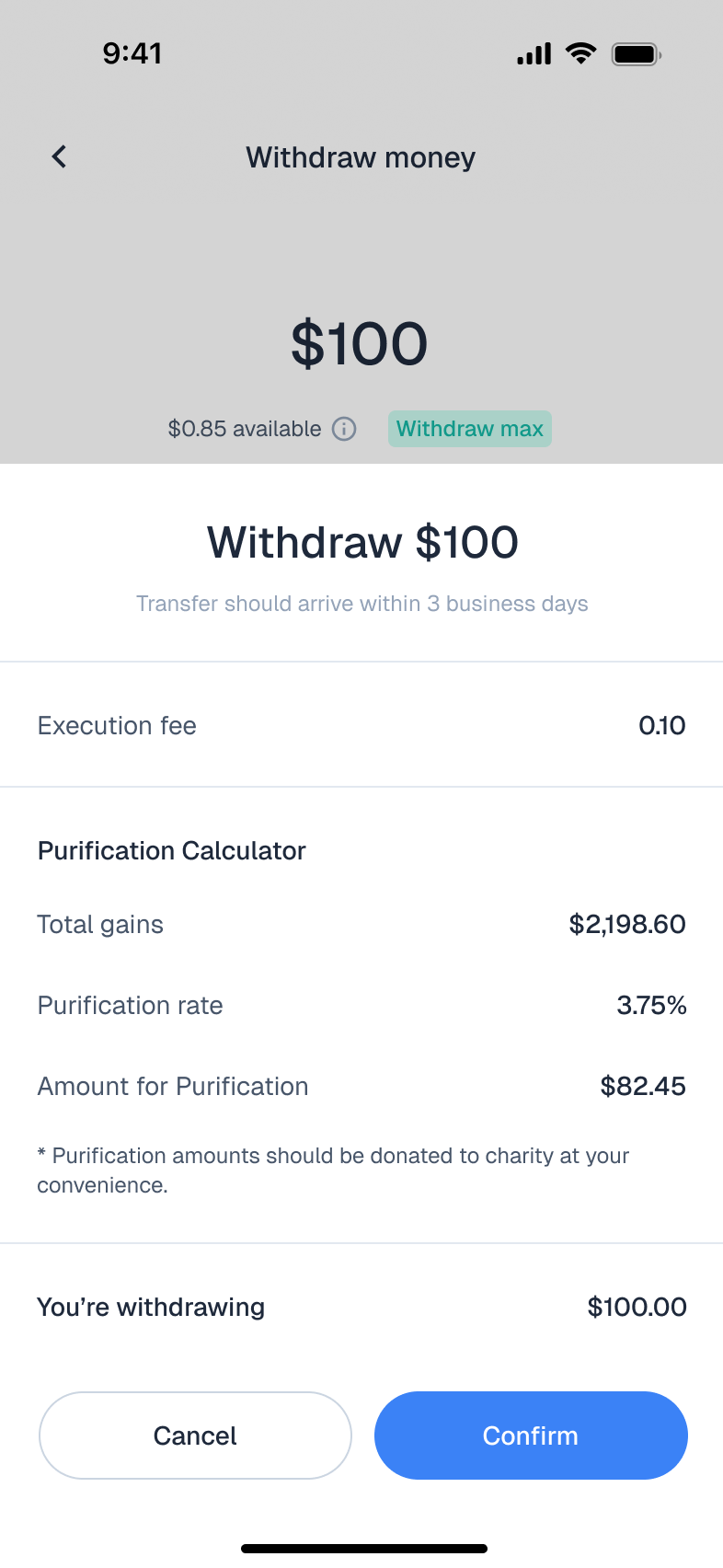 Halvestor purification calculator showing per-trade breakdown