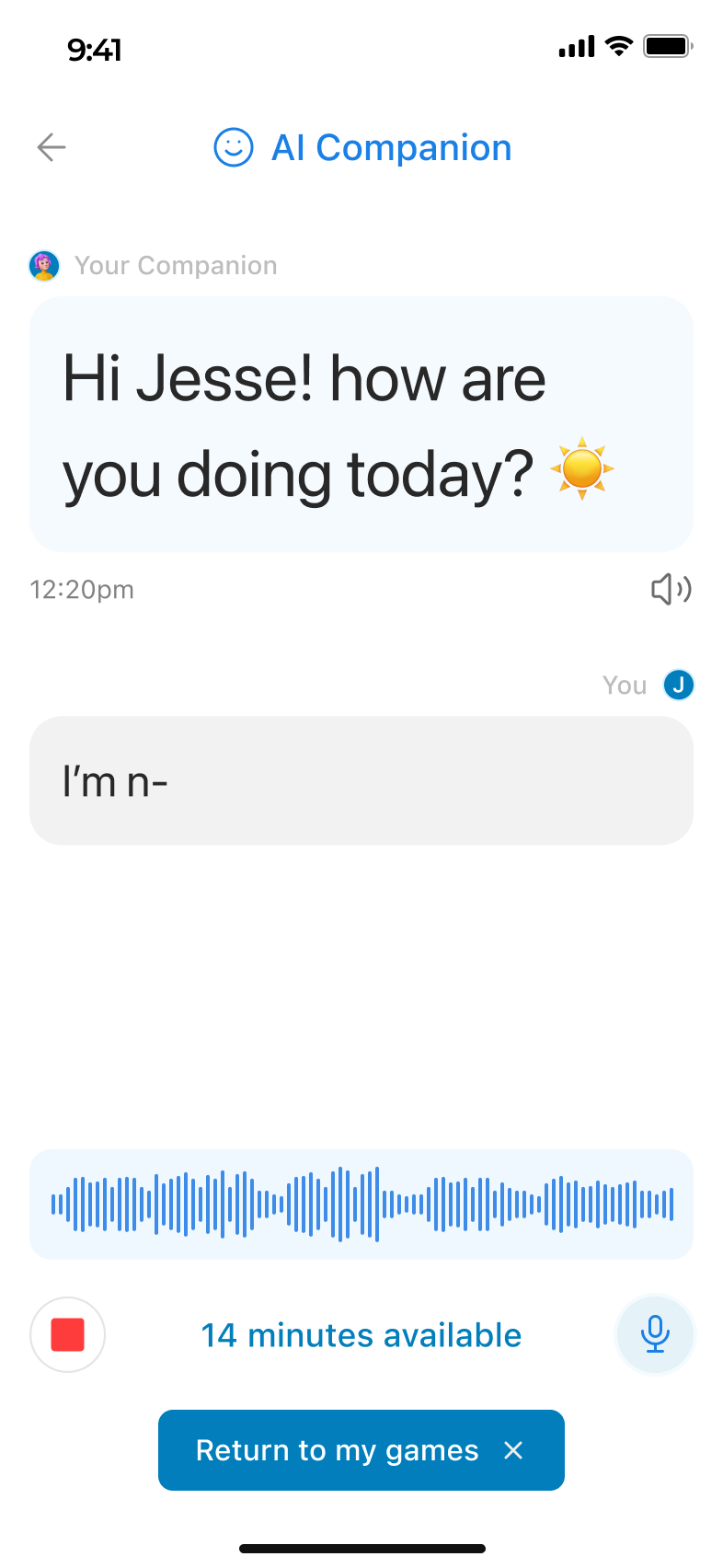 AI companion greeting Jesse with voice waveform input