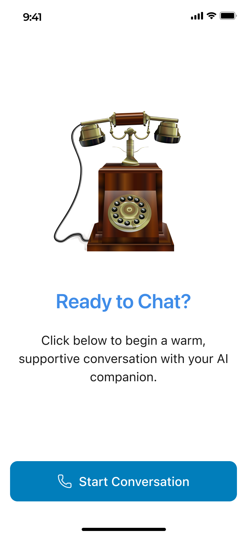 Memory Lane Games welcome screen with vintage telephone and Start Conversation button